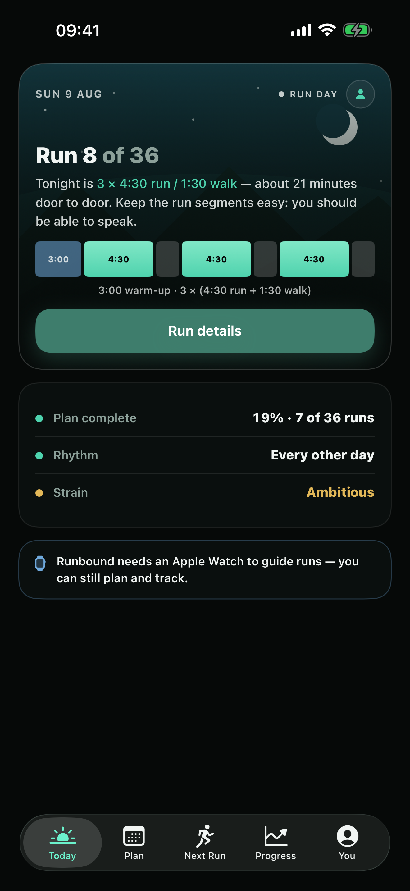 Runbound Today screen: run 8 of 36 tonight, 3 by 4:30 run with 1:30 walks, drawn as blocks